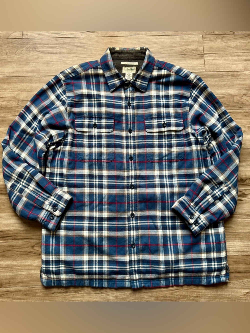 LL BEAN Men's Fleece-Lined Flannel Shirt Traditional Fit Blue Plaid Size Large